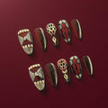 Dark Red Press on Nails Luxury Medium Almond, Handmade Fake Nails 3D Design with Snake Charm Rhinestones Glossy Full Cover Thick Acrylic Nails for Valentine's Day(Red Flame,M)