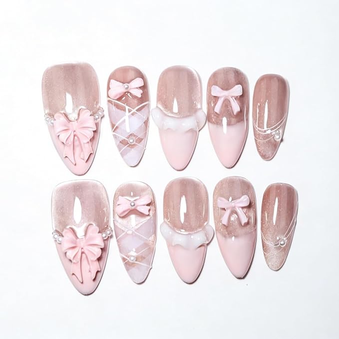 10 Medium Almond Handmade Press On Nails | Kawaii Pink Cat Eye Fake Nails with 3D Bow, Argyle & Pearl Accents | Reusable Nails(5U02, S)