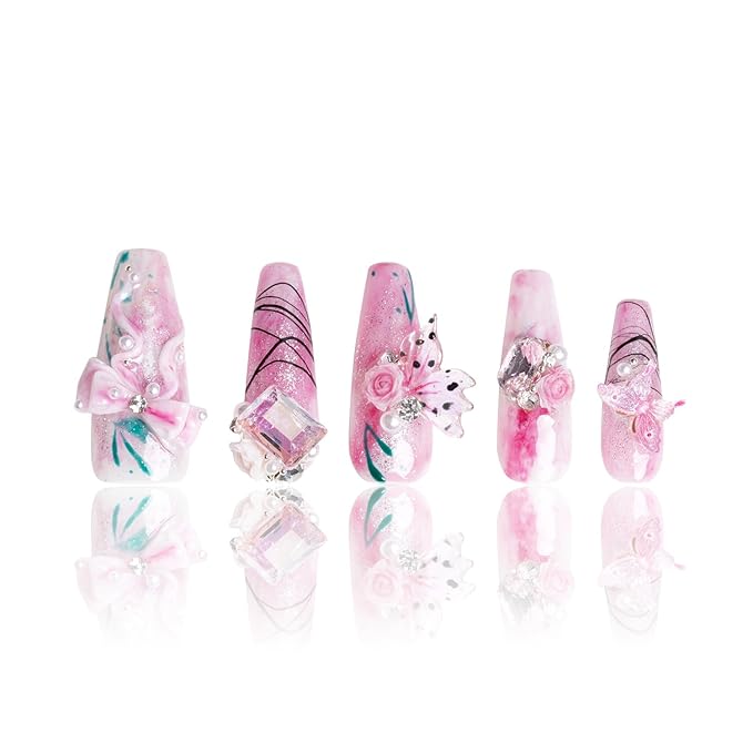 LOVFUL Press on Nails Victorian's Dreams | Handmade with Full Covered Crystals | Reusable Full Cover Nails | Coffin Classic Regular 1.3 in | H462-M