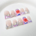 Duckbill Shape Handmade Press on Nails 3D Gradient Flower & Butterfly Designs Pink Purple French Tip Fake Nails Muti-Layer Gel False Nails with Colorful Rhinestones Stick on Nail for Women (Size S)