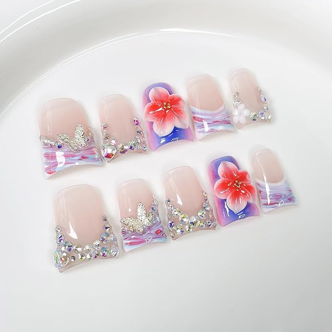 Duckbill Shape Handmade Press on Nails 3D Gradient Flower & Butterfly Designs Pink Purple French Tip Fake Nails Muti-Layer Gel False Nails with Colorful Rhinestones Stick on Nail for Women (Size M)