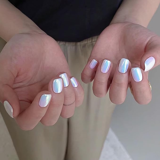 Unicorn Chrome Nail Powder 1g Mermaid Aurora Metallic Mirror Effect Pearl Glitter Pigment for Nails, White Iridescent Nail Chrome Powder for Gel Nails Polish Design with Tool