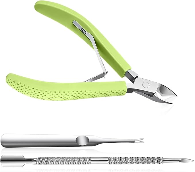 Fine Edge Cuticle Trimmer & Nippers, Scissors, Silicone Handle Nail Tools for Precise Removal, Durable Washable Cuticle Cutter & Remover & Pusher Nail Clippers (Green+Pusher 1Set)