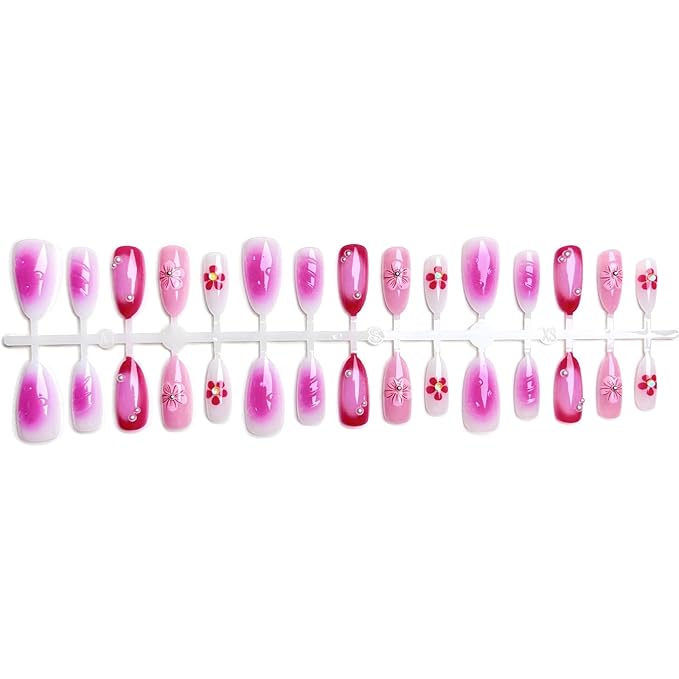 Press on Nails Medium Almond, 30 Pcs Handmade 3D Pink Flowers Embossed Designs, Glossy Nude Fake Nails, Reusable Glue On Nails, Full Cover Acrylic Nails for Women