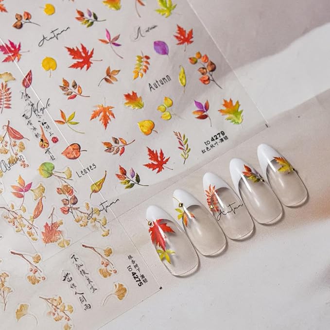 Maple Leaf Nail Stickers Fall Nail Art Decals Autumn Leaves with Design 5D Embossed Self Adhesive Nails Stickers for Nail Art Manicure Supply Decoration for Women Girls Kid 2 Sheets