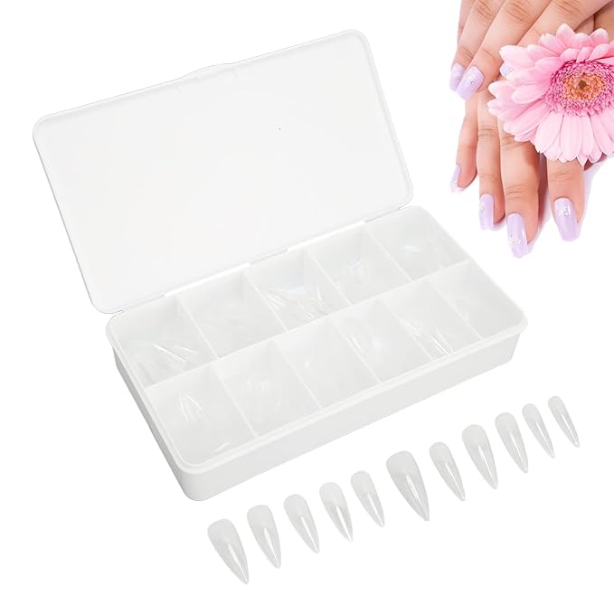 550 Tablets Long Clear Nails Ultra Thin Clear Stiletto Fake Nails Set, Long, Full Cover, Almond Shaped with Rhinestones Designs for Wedding, Dating, Party Acrylic Nail Tips Kit