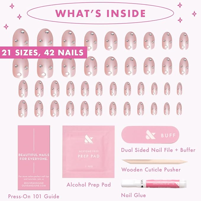 Olive & June Maximalist Instant Mani Press-On Nails (Glue) | 42 Fake Nails, 21 Sizes | Non-Toxic, Long-Lasting Big, Bold Gorgeous Realistic Look | Salon-Quality | Medium, Oval | Diamond Chrome Mani
