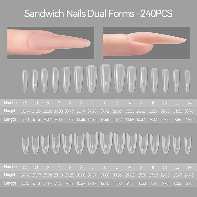 240 pcs Sandwich Dual Nail Forms Reusable Quick Nails Extension Mold for Builder Structure Poly Gel,15 Sizes Long Oval Bulider Forms with Almond Shape Guide Lines Nail Art Tools Salon Home