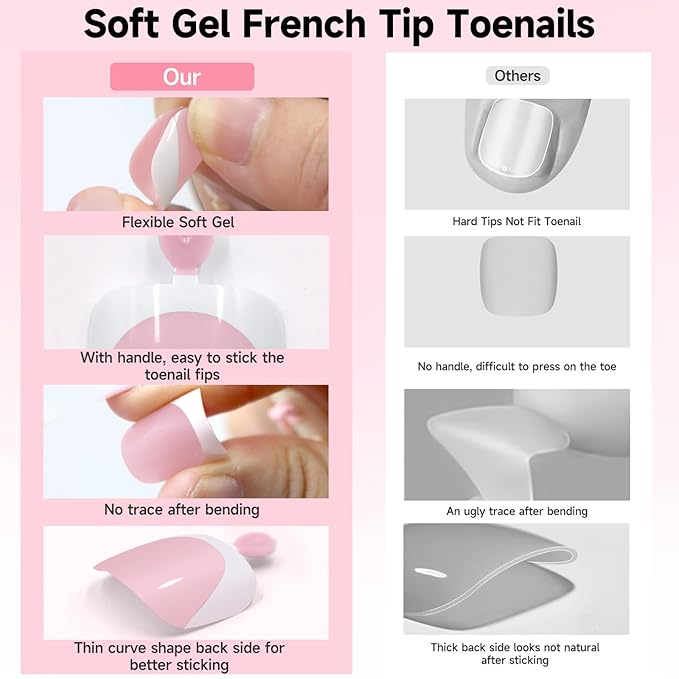 Toe Press On Nails, 240Pcs White French Press On Toenails Kit, Pink Square Pre-Designed Soft Gel False Toenail Extension, 12 Size Full Cover Fake Toenail Press Ons for Women