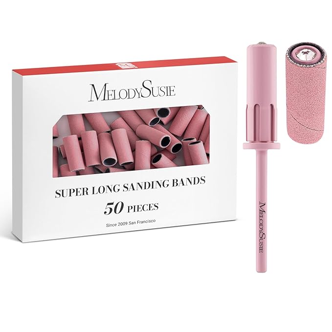 MelodySusie 50 Pcs Nail Drill Bits Super Long Sanding Bands with 6.65mm Crystal Mandrel Bit, 240 Extreme Fine Grit Nail File for Acrylic Nails Gel Manicures and Pedicure, Pink
