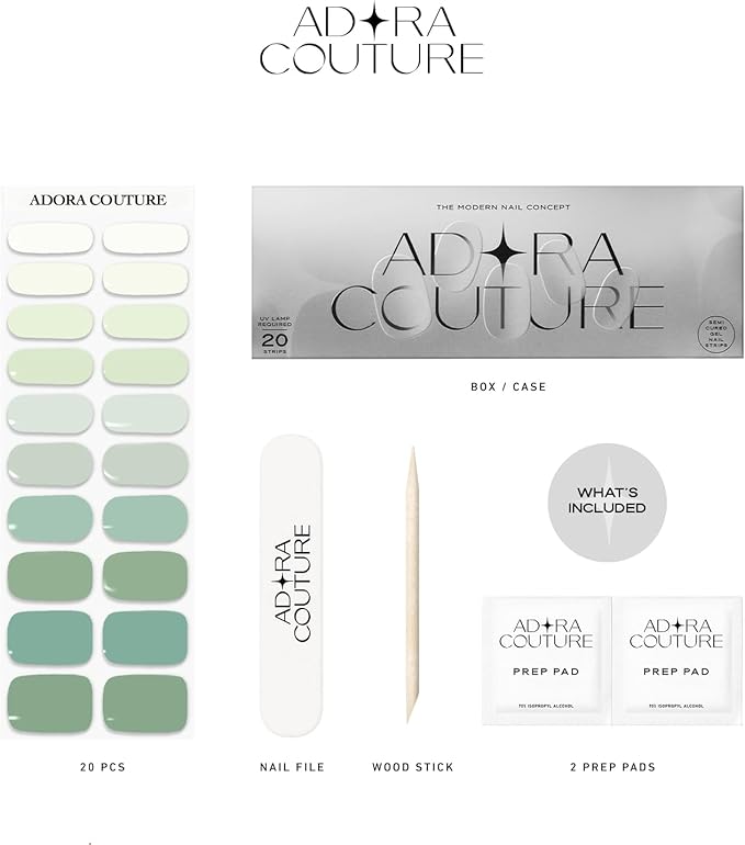 Semi-Cured Gel Nail Strips - 20 Salon-Quality Gel Sticker with UV Light Required, Long Lasting, Easy Application & Removal, Includes Prep Pad, Nail File, Wooden Stick (Green Mint)