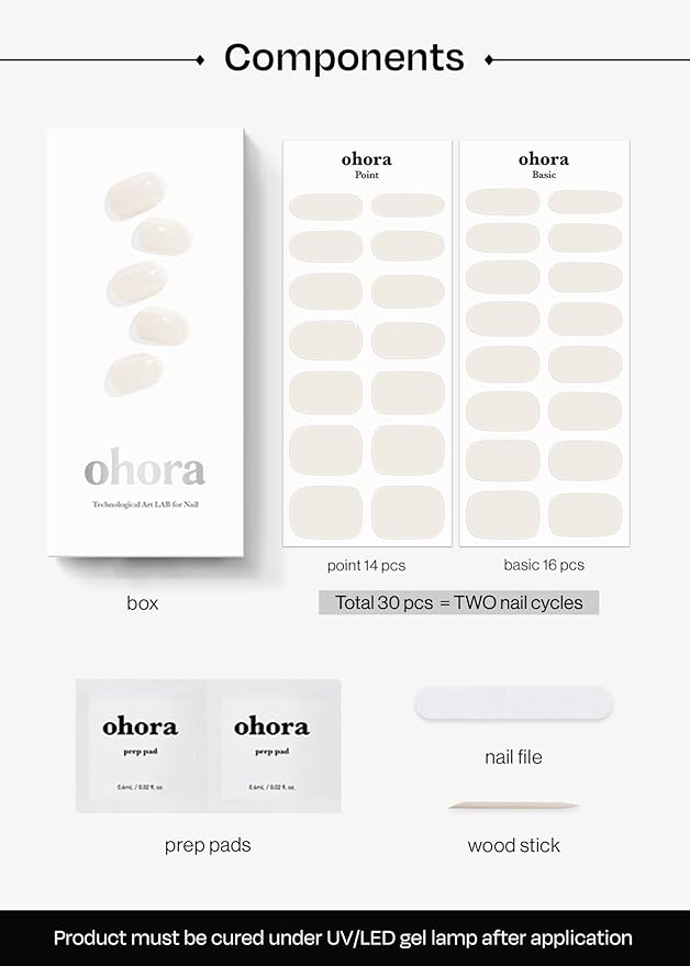 ohora Semi Cured Gel Nail Strips (N Cream Cotton) - White, Solid, Works with Any UV/LED Lamps, Salon-Quality, Long Lasting, Easy to Apply & Remove - Includes 2 Prep Pads, Nail File & Wooden Stick