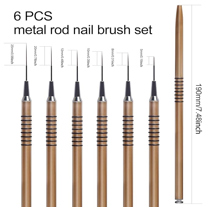 Nail Art Liner Brushes，6Pcs liner brush for nails gel Tiny Details, Fine Drawing, Delicate Coloring nail art liner brushes Sizes 5/7/9/11/20/25mm