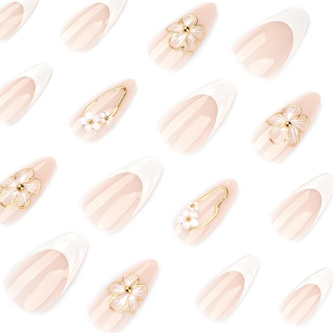 Almond Press on Nails Medium - White French Tip Fake Nails with 3D Gold Stripes Floral Charms Design - Elegant Full Cover Stick on Nails for Women 24 Pcs