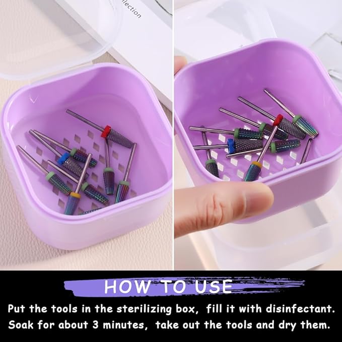 Nail Tool Sterilizer Box Plastic Disinfectant Container for Nail Art Accessories Tools, Portable Nail Drill Bits Sterilization Tray Soaking Box with Strainer Nail Art Salon Sterilizing Tool