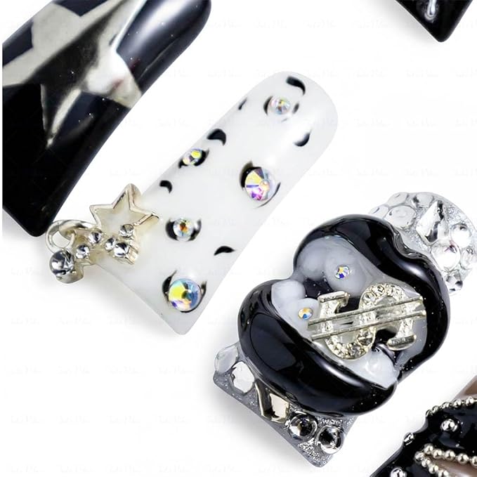10 Pieces Luxury Acrylic Press On Nails Long Handmade Duck Nails, White And Black Thickened False Nails, Exaggerated Lips And 3D Dollar Sign, Reusable Fake Nails, Acrylic Nails (L)