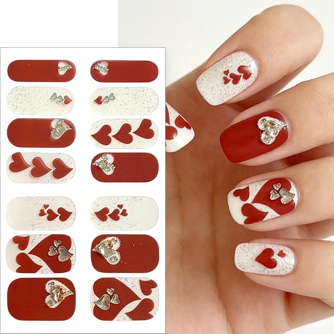 Valentines Day Gel Nail Stickers for Nail Art Red Heart Gel Nail Polish Strips Romantic Love with Rhinestones Glitter Design Cute Holiday Stickers Full Wrap Gel Nail Strips Sticker for Manicure Salon