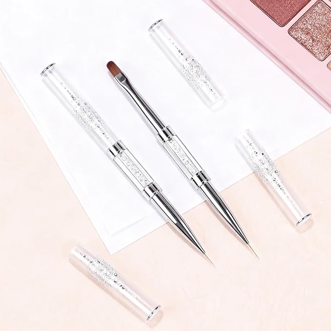 2PCS Professional French Tip Brush Set, French Tip Nail Gel Liner Brush, Dual-Ended Nail Design Brushes Rhinestone Handle Nail Brush for Builder Gel&Polygel,Salon-Grade Nail Art Design Tools