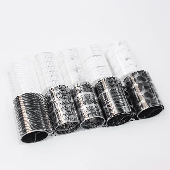 SILPECWEE 10 Rolls French Tips Strips Nail Foil Black and White Nails Design Nail Transfer Foil Holographic Nail Art Foils Fingernail Stickers Nails for Women 3D Nail Art Decoration