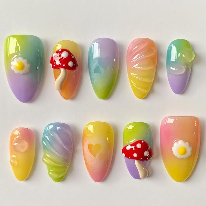 Handmade Press on Nails Short Almond 3D Unique Reusable ABS Material Cute Fake Nails Luxury False Nails with Designs Mushroom Egg Colorful Glossy Glue on Nails Thick Acrylic Nails(M)