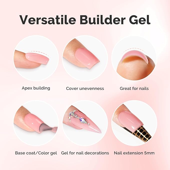 MelodySusie Gray Pink Builder Nail Gel for Nails Thickening, Soak Off UV Extension Gel, Rhinestone Nail Glue for Nail Art Design Salon DIY Manicure at Home Gift for Women-027
