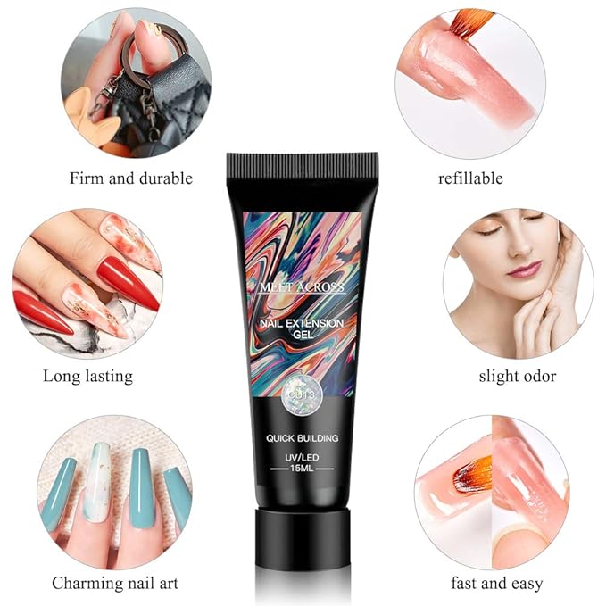 Glitter Poly Nail Extension Gel Kit, 3 Colors Silver Pink Blue Quick Building Builder for Nails Art Salon at Home, Quick Building Nail Extensions Gel