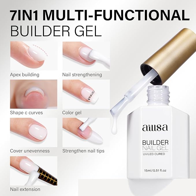 AILLSA Builder Gel for Nails Milky White 7 In 1 Hard Gel Polish for Nail Thickening Nude Strengthener Nail Polish Light Color Extension U V Gels for Nail Art Base Coat Needed 0.51 Oz GB08