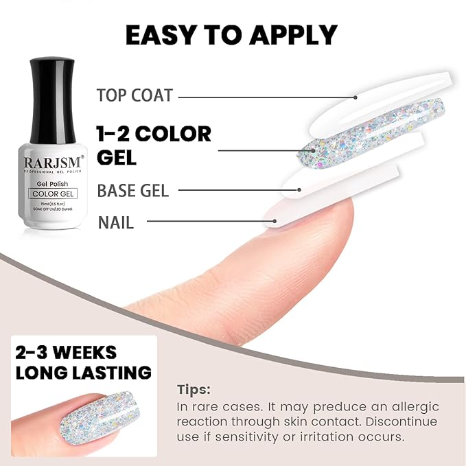 RARJSM Silver Glitter Gel Nail Polish Diamond Gelpolish Silver White Big Flakes Sparkly Chunky Iridescent Pigments Nail Gel Polish Soak off L e d U V Curing Required for Nail Art Salon Manicure