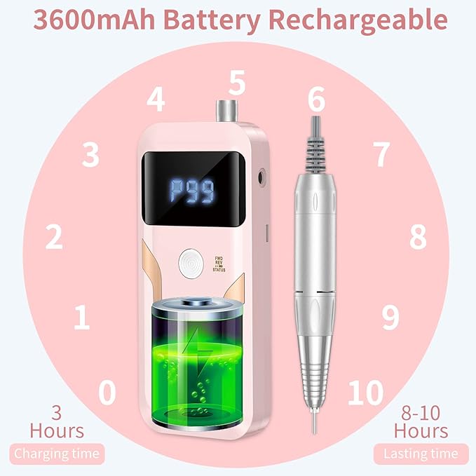 Portable Nail Drill Professional 35000 RPM, Rechargeable Electric Nail File Machine Cordless E-File for Acrylic Gel Polishing Removing with Bits Kit for Manicure Salon Home, Pink