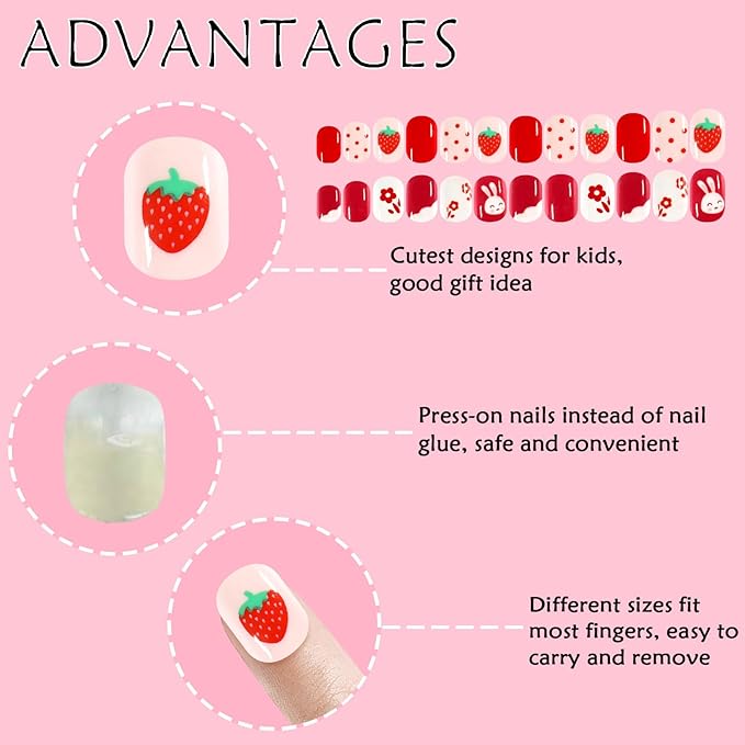 Laza 72pcs Children Nails Press On Pre-glue Full Cover Pink Heart Flower Cute Short False Nail Kits for Kids Teenager Girls - Strawberry Rabbit