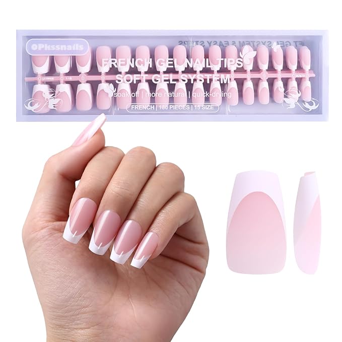 Press on Nails, Medium Coffin French Soft Gel Nail Tips, 256pcs French Tip Press on Nails Pink, No Need to File Tips Pre-lasting, Full Cover Fake Nails Extension for Women Nail Art DIY 16 Sizes