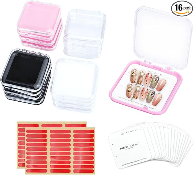 16 Pcs Press On Nails Storage Box, Press On Nail Packaging with 60 Pcs Adhesive Double Sided Tape and Cardstocks, Fake Nail Holder Nail Case for Nail Display Nail Salon Supplies Nail Art