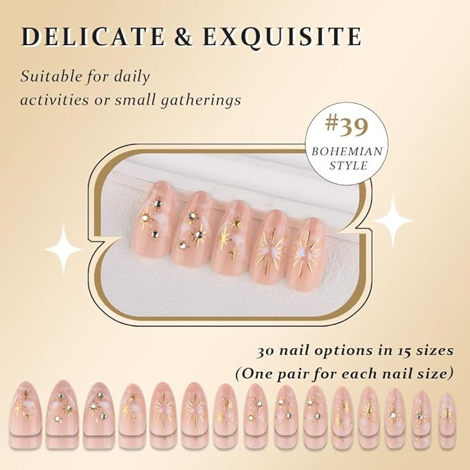 3D Nude Press on Nails Medium Almond with Bohemian Design, Nude Nail + Gold Star Glossy Stick on Nails for Women with Kit, Reusable Soft Gel Stick on Fake Nail with 3D Gold Stars Designs Perfectly Fit
