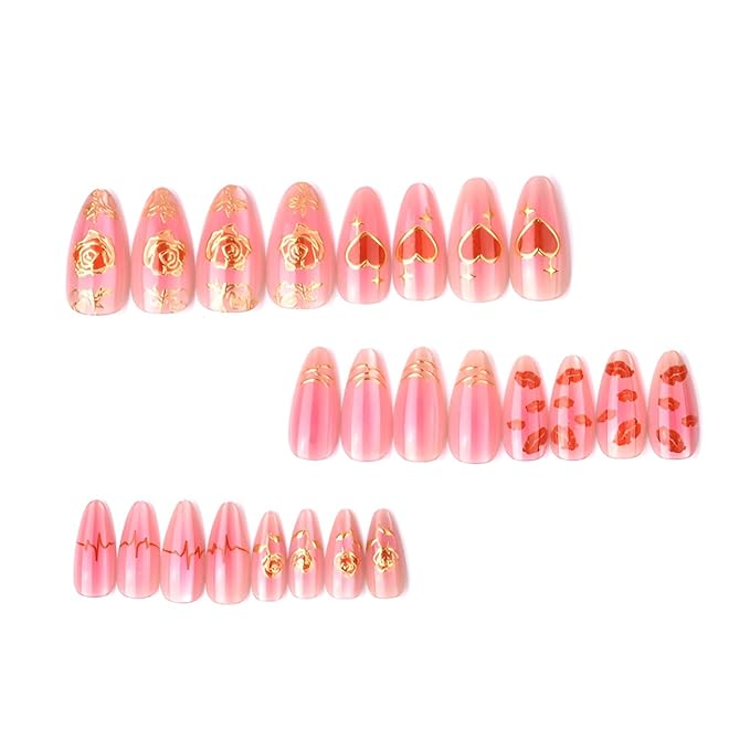 24Pcs Valentines Press on Nails Medium Almond Fake Nails Heart False Nails Flower Nails Press Ons with Gold Design Glossy Stick on Nail Gradient Glue on Nail for Women Decoration Set
