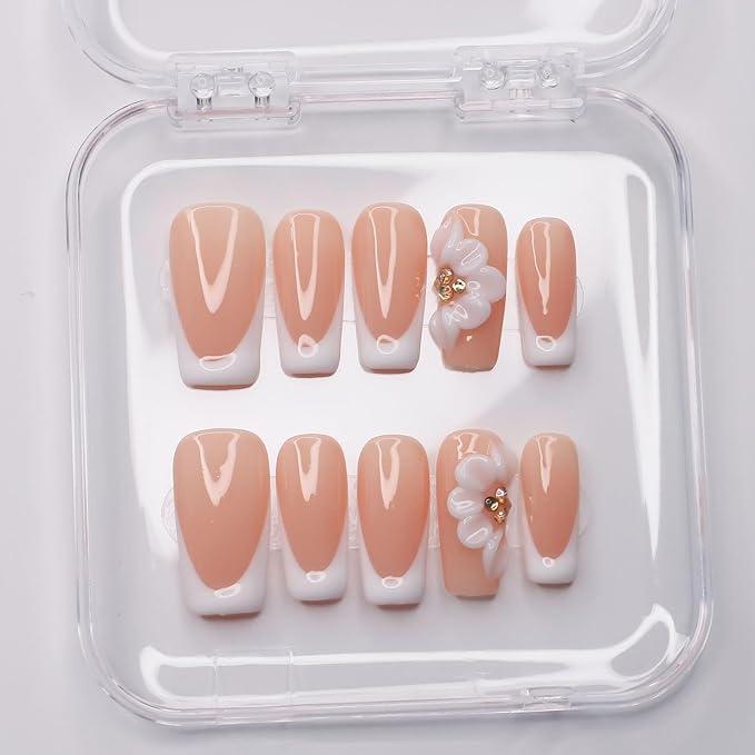Luxury Press on Nails Medium Square Handmade 3D Unique Reusable ABS Material Fake Nails White French Tip False Nails with Designs Floral Rhinestones Elegant Glossy Glue on Nail Thick Acrylic Nail(M)