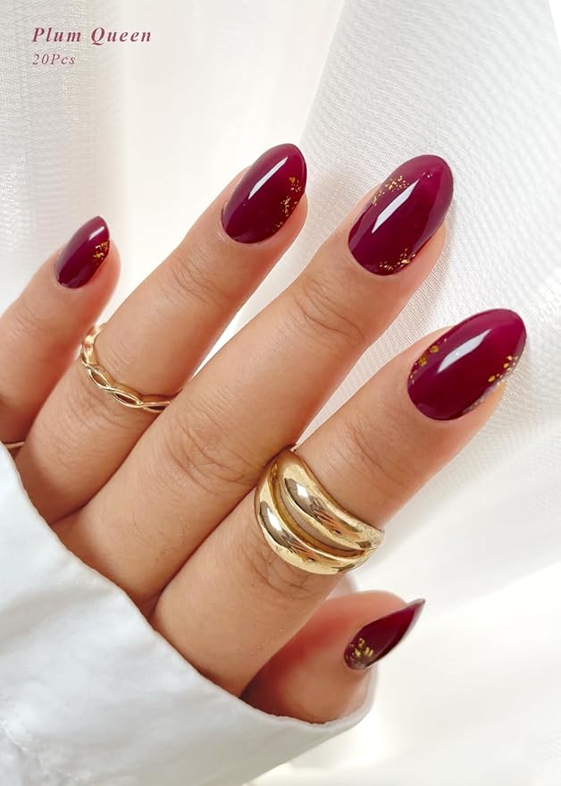 Semi Cured Gel Nail Strips (Plum Queen), Gold Foil, Deep Purple, 20 Pcs Gel Nail Wraps, Stickers, UV Light Required, Salon Quality, Long Lasting