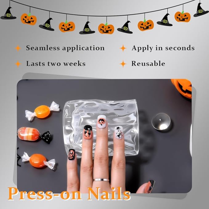 Halloween Press on Nails Petite Short Square with Horror Design, Extra Short Fake Nails Skull Face Pumpkin False Nail with Castle & Bat Designs, Full Cover Glossy Stick on Ghost Nail for Women Girls