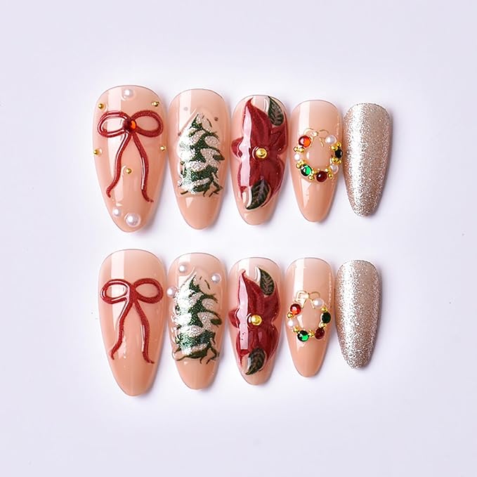 Christmas Press on Nails Medium Almond MABKJLF Fake Nails 3D False Nails with Flower Bow Tree Pearls Gold Ball Glitter Designs Glossy Glue on Nail Winter Acrylic Nails for Women Girls 24Pcs