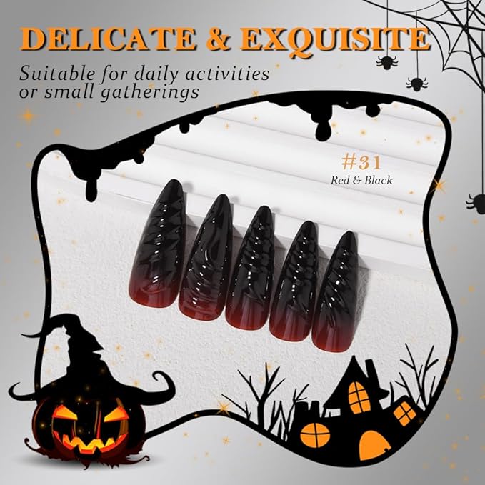 Ombre Red to Black Press on Nails Long Almond, Long Almond Glossy Stick on Nails Press ons for Women with Manicure Kit, Reusable Acrylic Soft Gel Stick on Fake Nail with Ombre Designs Perfectly Fit