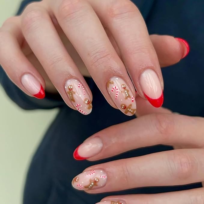 Christmas Press on Nails Medium Almond MABKJLF Fake Nails French Tip False Nails with Cane Candy Gingerbread Man Designs Glossy Glue on Nail Winter Acrylic Nails for Women Girls 24Pcs