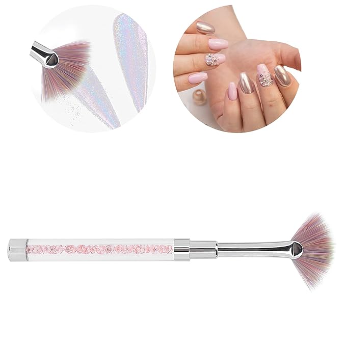 Fan Shape Nail Brush, Nail Dust Brush, Nylon Hair Rhinestone Handle Nail Powder Remover Manicure Brush Dust Glitter Powder Remover Pen Nail Art Drawing Pen Liner Brush