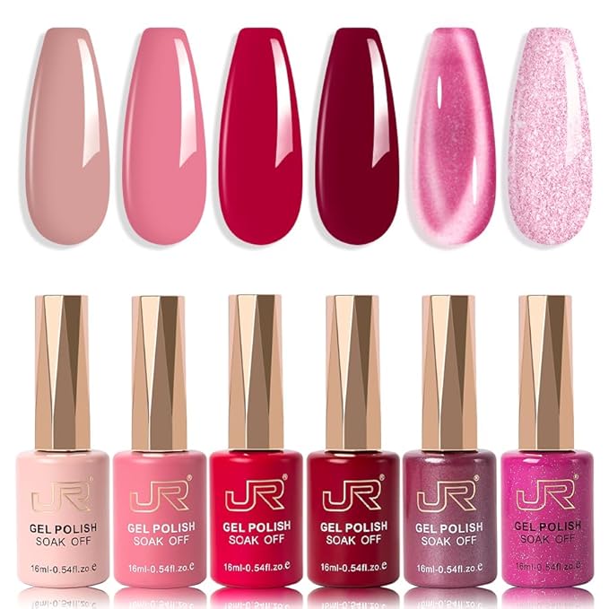 JR Pink Gel Nail Polish Set, 16ml Full Size Bottle 6 Colors Pink 9D Cateye Glitter Nail Gel Polish Gift Soak Off Led Nail Art Kit Salon DIY Colorful Bottle E