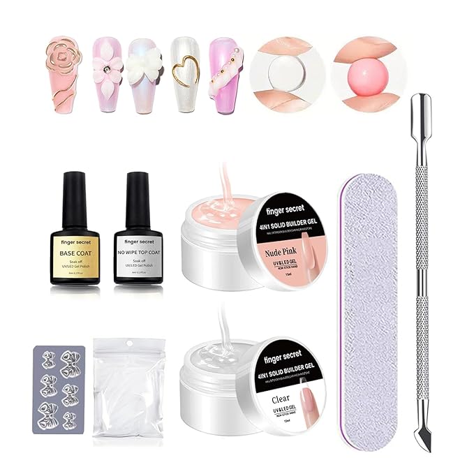 Solid Nail Builder Gel Set, Nudepink & Clear Nail Extension Gel with Nail Art Tools, DIY Non Stick to Hand for Nail Art, Solid Builder Gel for Long Lasting Manicures Nail Enhancement Gel Poly Nail Gel