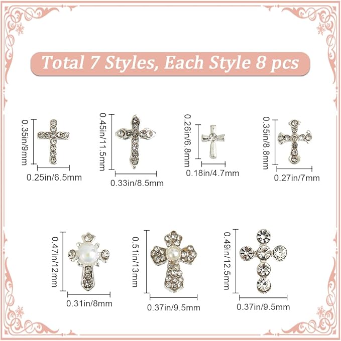 CRASPIRE 56Pcs 7 Styles Cross Nail Charms 3D Y2K Metal Alloy Rhinestone Flat Pearl Luxury Nail Gems Set Gothic Vintage Punk Studs Decor for Women Nail Art Crafts DIY Christmas Decorations Cellphone
