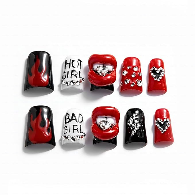 10 Pieces Luxury Acrylic Press On Nails Short Handmade Duck Nails, Thickened False Nails, Red And Black Flames And Glittering Red Lips, Reusable Fake Nails, Acrylic Nails (S)