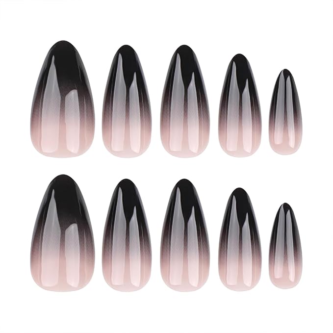 Black Press on Nails Medium Almond Fake Nails Press ons Medium False Nails with Designs Ombre Glossy Full Cover Acrylic Glue on Nails Halloween Stick on Nails for Women Nail Art Decoration 24Pcs