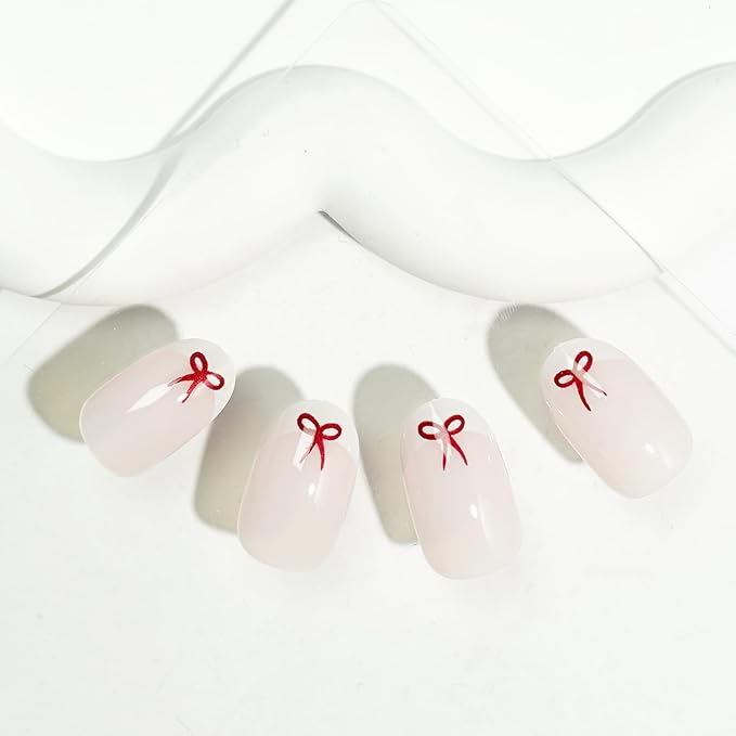 White French Tip Press On Nails Almond Short Fake Nails with Red Bow Design False Nails Valentines Day Bow Full Cover Acrylic Artificial Nails Press Ons Glue Stick On Nail for Women DIY Manicure 24PCS