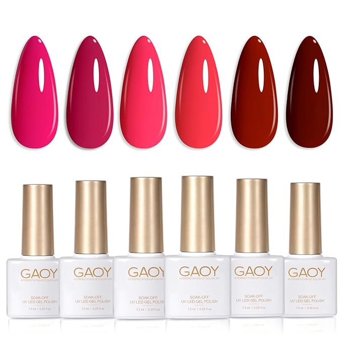 GAOY Red Hot Pink Gel Nail Polish Set, 6 Colors Neon Soak Off UV Light Cure Gel Polish Kit for Salon and Nail Art DIY at Home