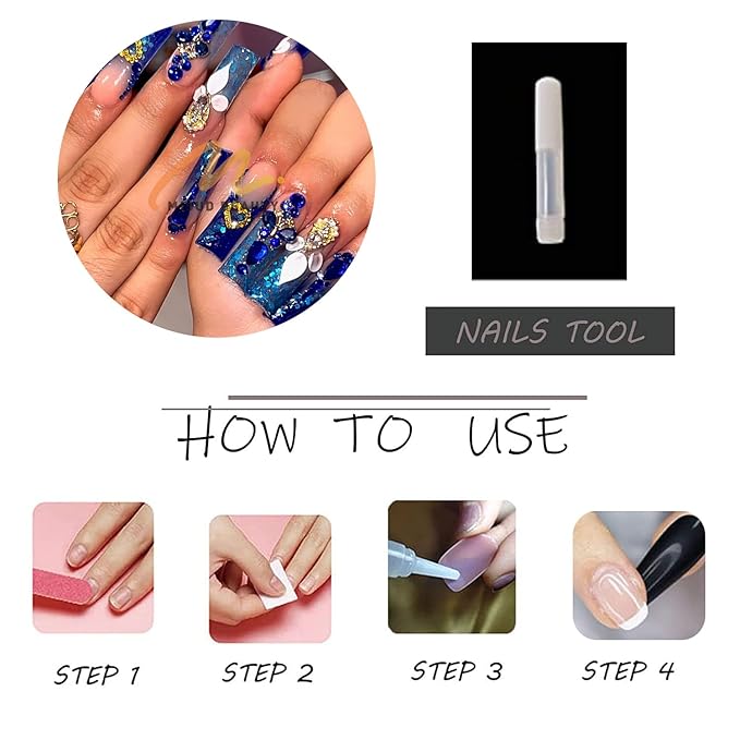 MISUD Press on Nails - Long Square Fake Nails with Royal Blue, Acrylic Bling Glitter Rhinestone Design 24 pcs