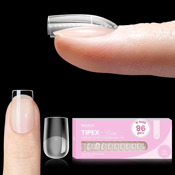 Beetles Tipex Lite Instant Apex Nail Tips, XS Short Square, 16 Sizes | 00–14, Built-in Apex Acrylic Tips for Flat & Natural Nail Beds, Beginner-Friendly Easy DIY Nail Extensions